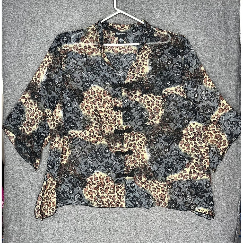 Maggie Barnes Sheer Blouse Kimono Look Women's Plus Size 3X 26/28 Leopard Floral